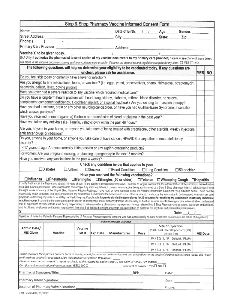 Stop and Shop Vaccine Consent Form