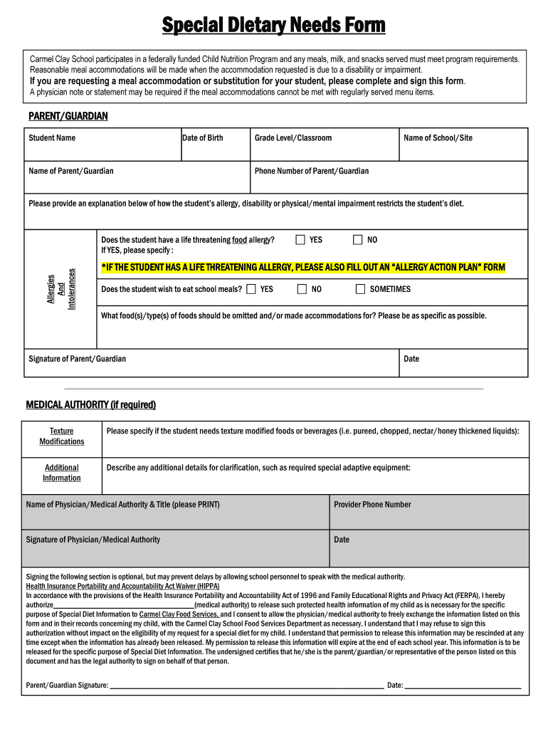 Carmel Clay School Participates in a Federally Funded Child Nutrition Program and Any Meals, Milk, and Snacks Served Must Meet P  Form