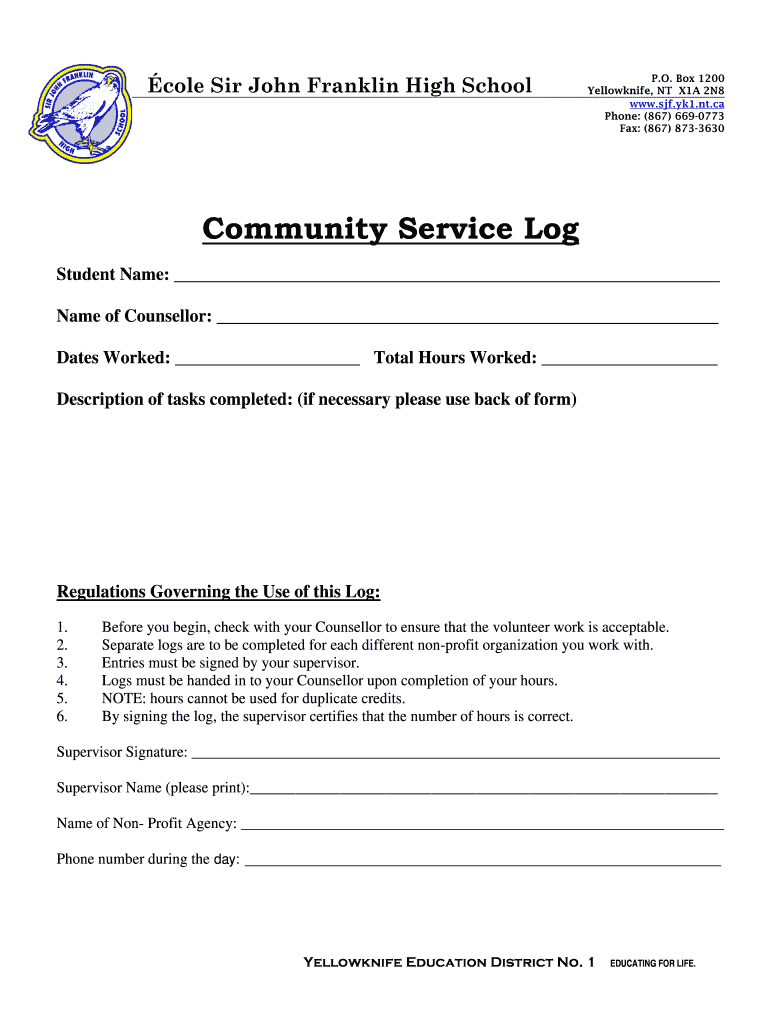 Community Service Log Sir John Franklin High School  Form