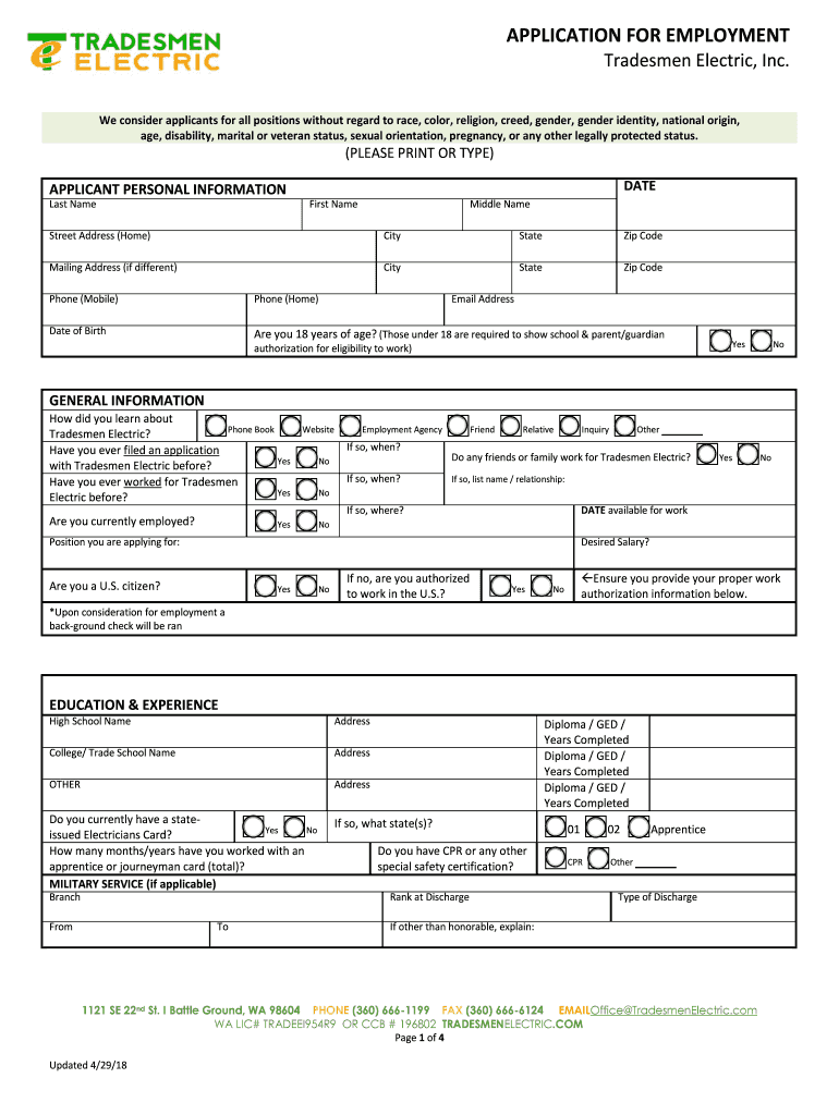 APPLICATION for EMPLOYMENT Tradesmen Electric, Inc  Form