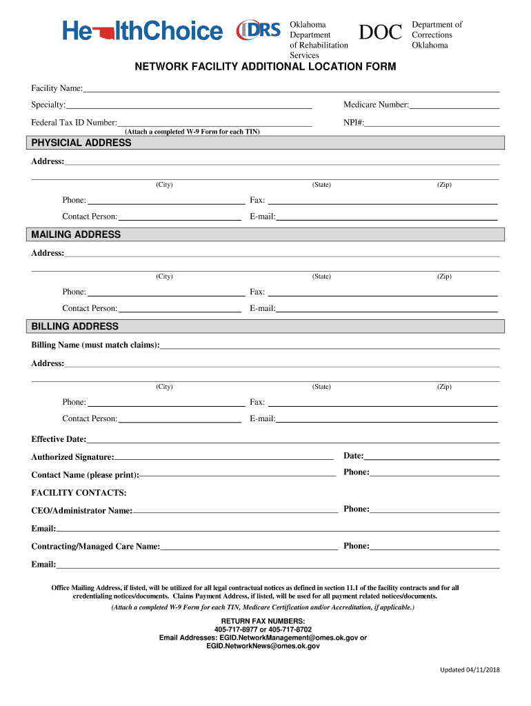 Facility Addititional Location Form Form Used to Report Additional Network Facilty Location to HealthChoice