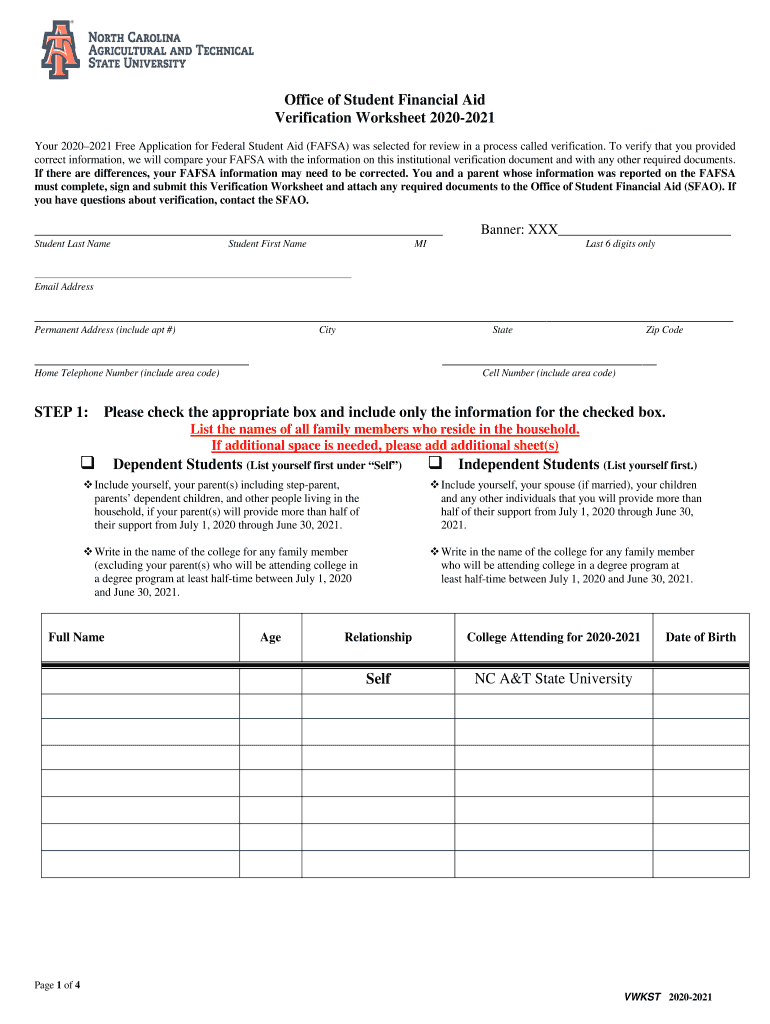Verification Worksheet Federal Student Aid  Form