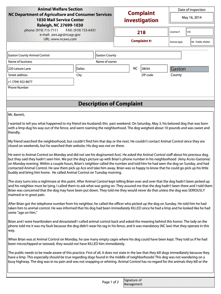 Description of Complaint Complaint Investigation  Form