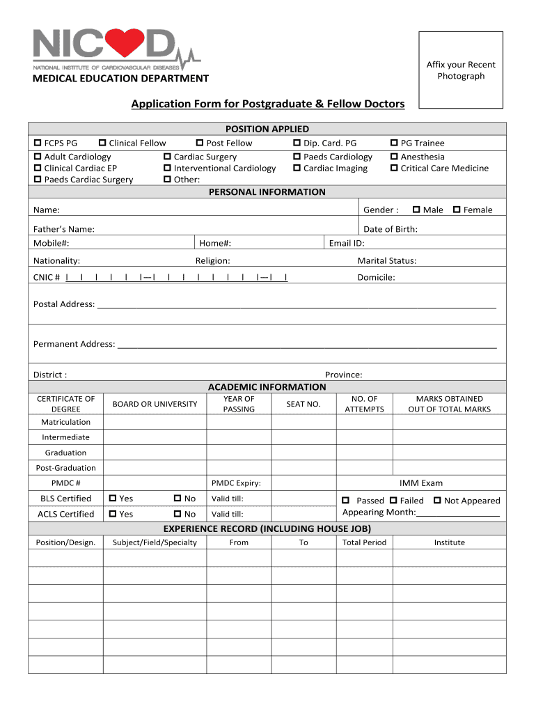 Application Form for Postgraduate &amp;amp; Fellow Doctors NICVD