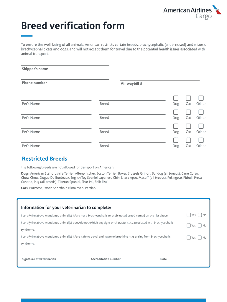 American Airlines Breed Verification Form