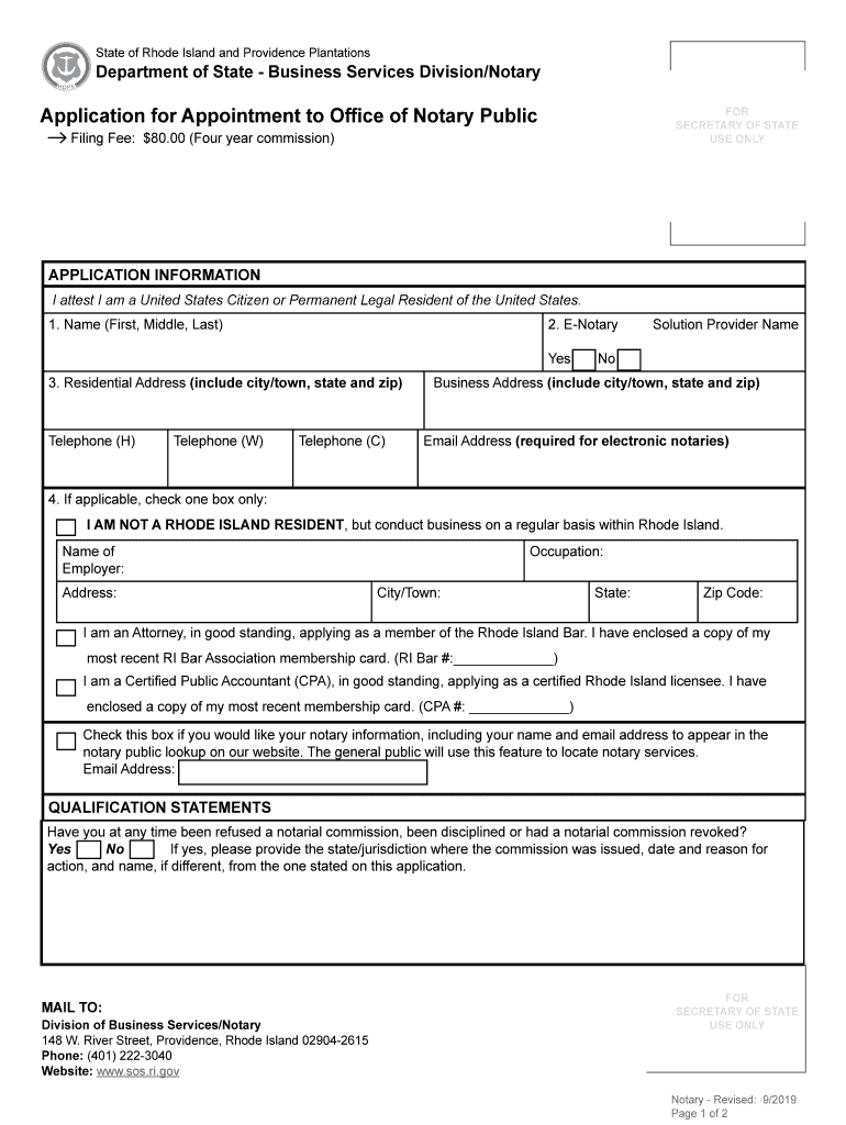  Notary Application Form Rhode Island Department of State 2019