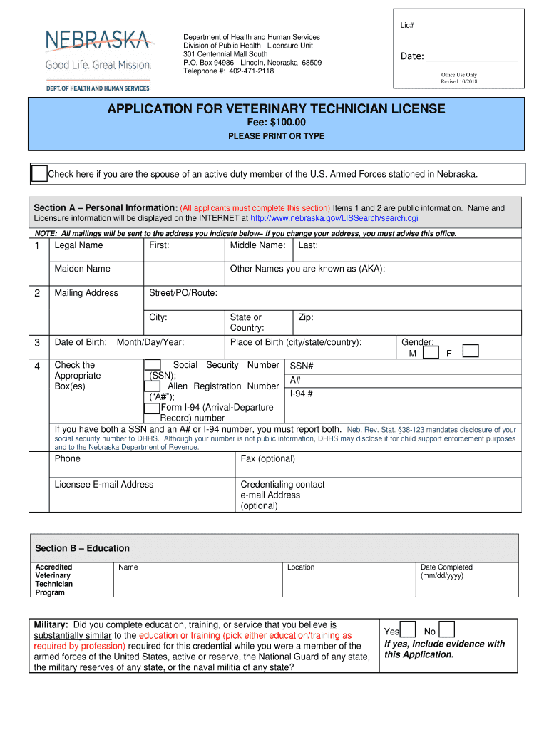 Veterinary Technician Application DHHS Nebraska Gov  Form