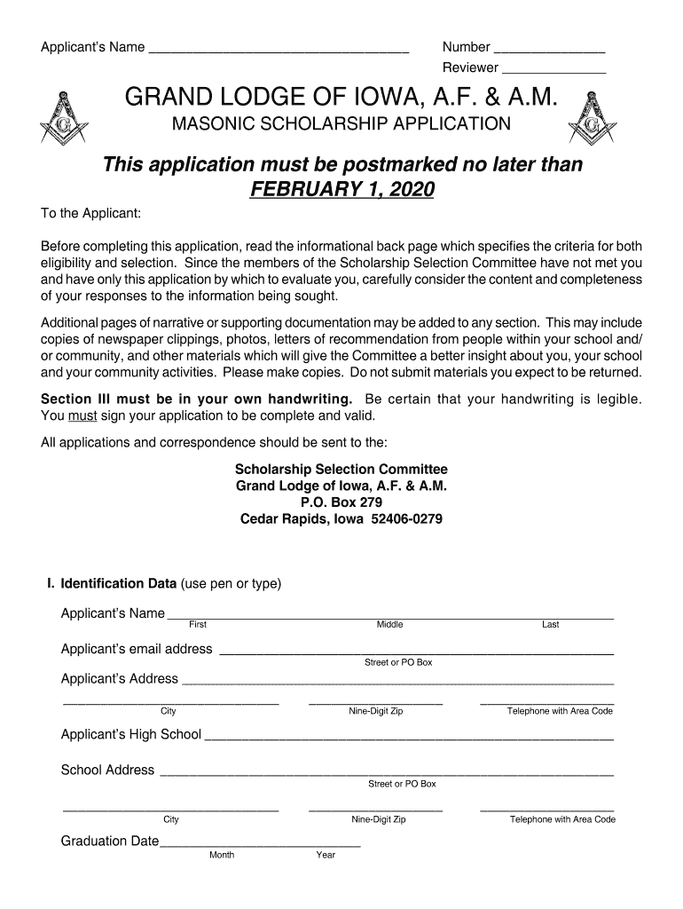  Masonic Scholarship Application Grand Lodge of Iowa 2020-2024