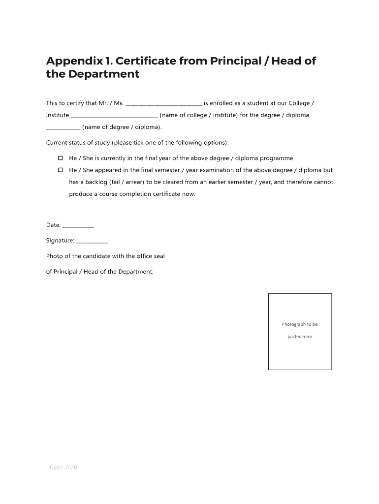 Appendix 1 Certificate from Principal Head of the CEED  Form