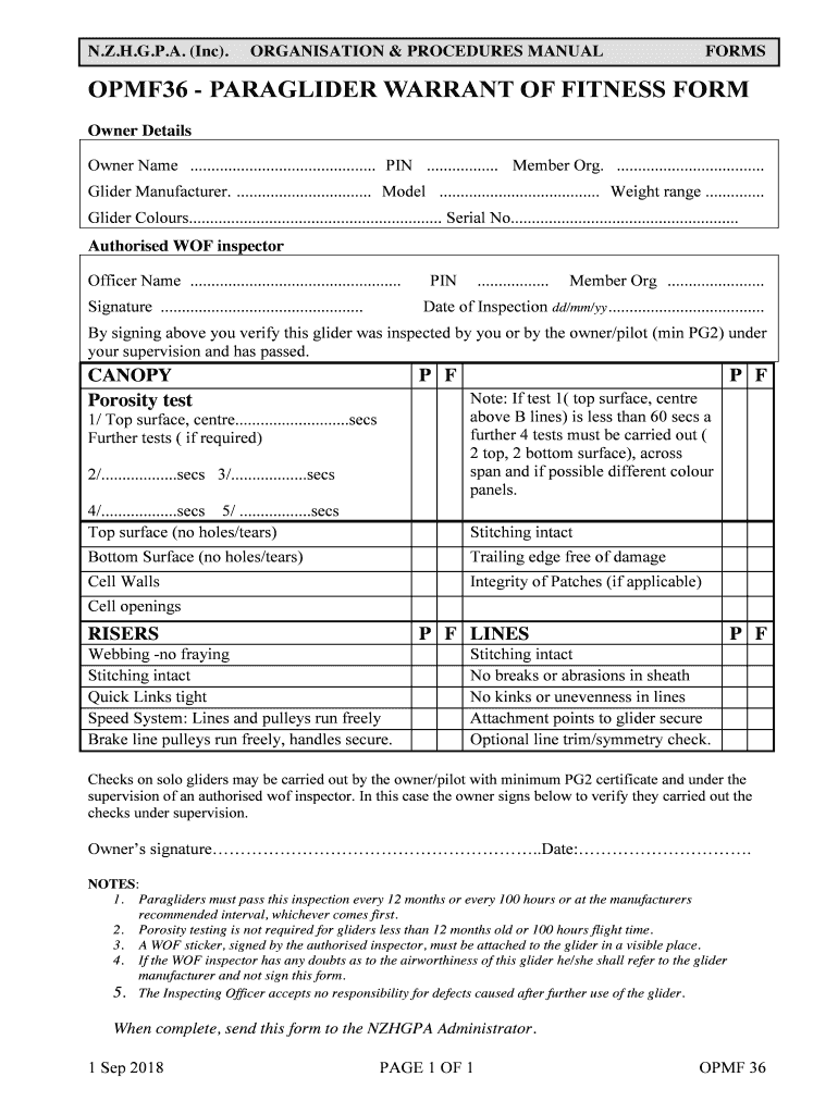 OPMF36 PARAGLIDER WARRANT of FITNESS FORM