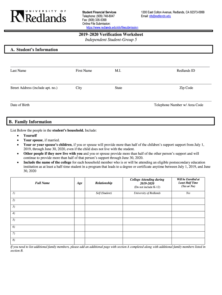 Fillable Online Redlands 20162017 Verification Worksheet  Form