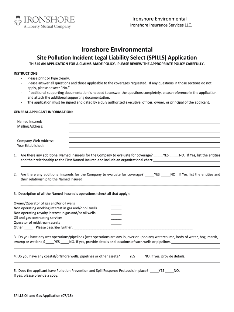 Site Pollution Incident Legal Liability Select SPILLS Application  Form