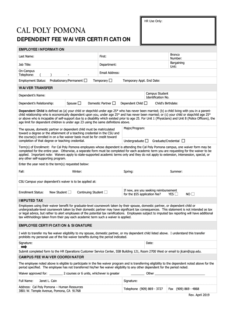  DEPENDENT FEE WAIVER CERTIFICATION 2019