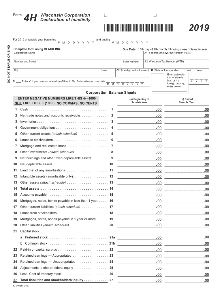 IC 046 Form 4H Wisconsin Corporation Declaration of Inactivity Fillable