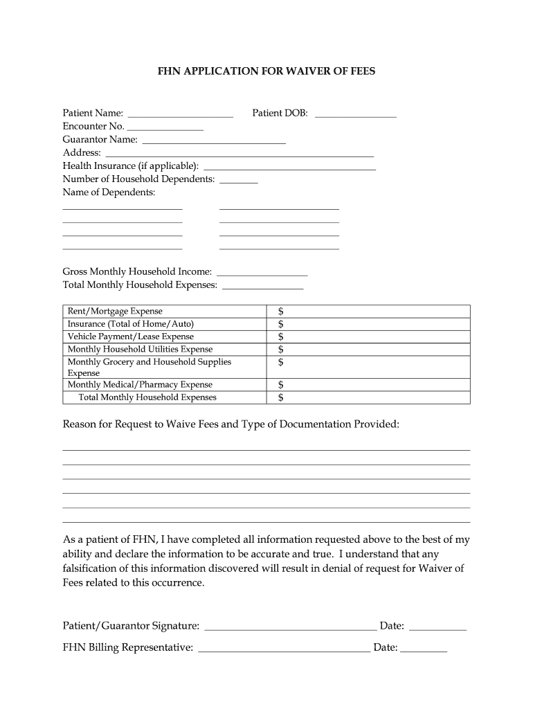 FHN APPLICATION for WAIVER of FEES  Form