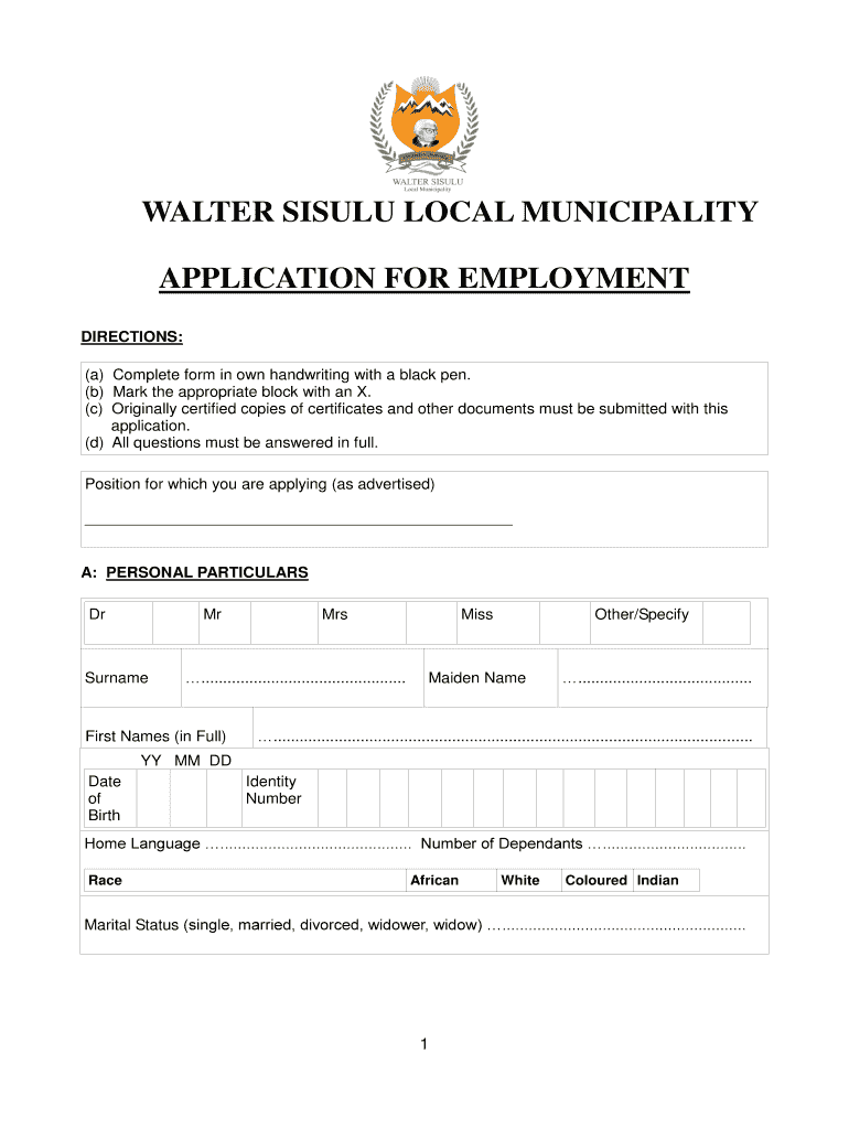 Walter Sisulu Local Municipality Job Application Form