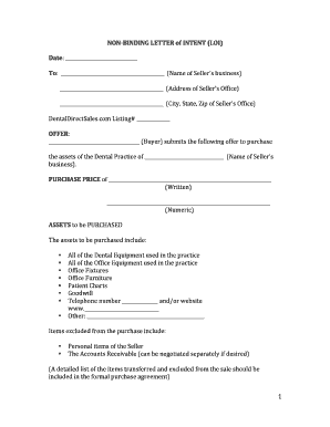 Sample Letter of Intent to Purchase Dental Practice  Form