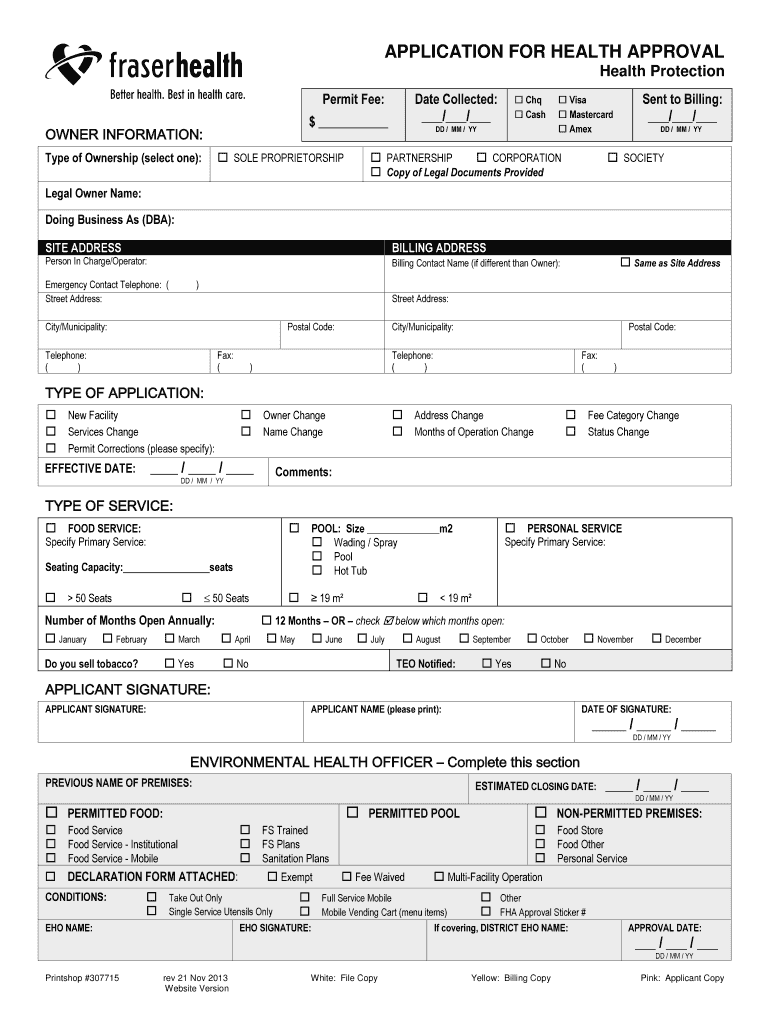  Health Approval Application  Fraser Health Authority 2013