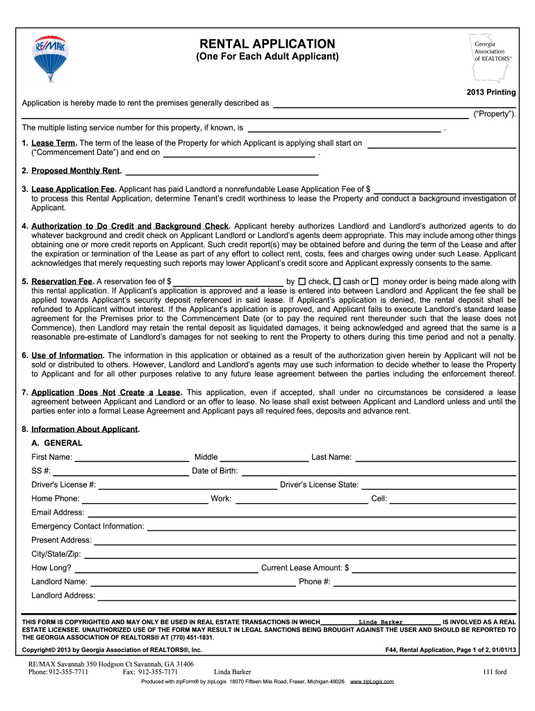 Gar Rental Application  Form
