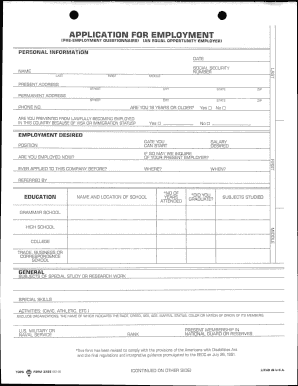 Application for Employment Pre Employment Questionnaire  Form