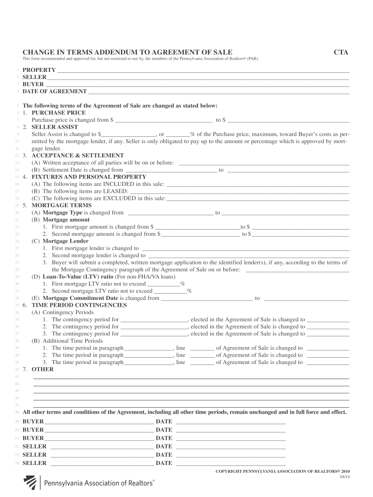 CHANGE in TERMS ADDENDUM to AGREEMENT of SALE CTA Parealtor  Form