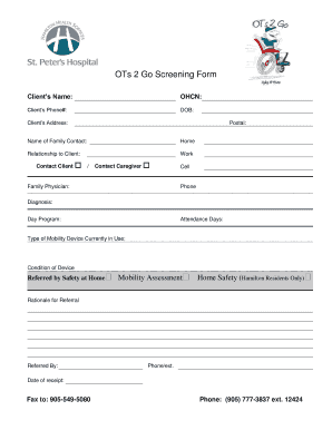 OTs 2 Go Screening Form Hamilton Health Sciences