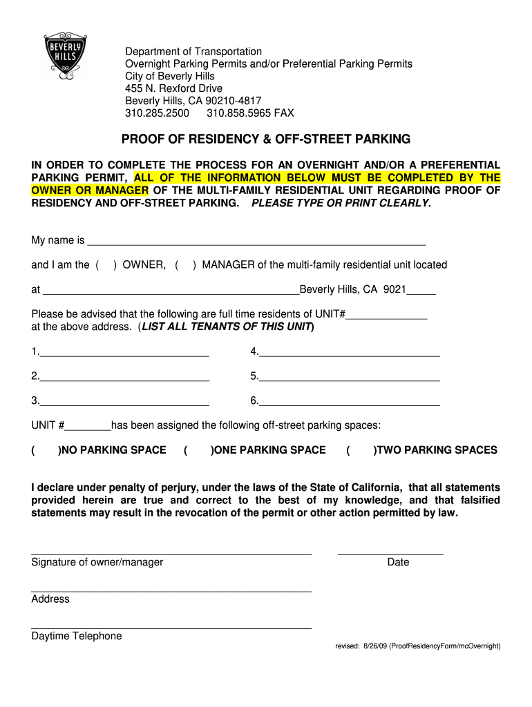  Proof of Residency Form City of Beverly Hills 2009