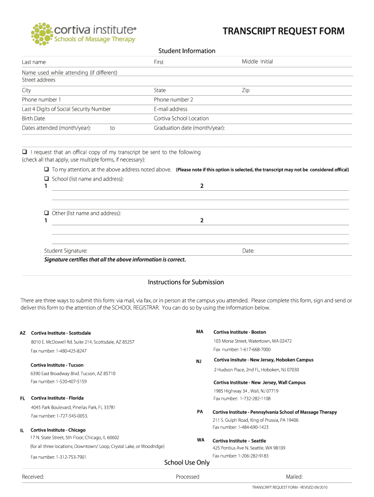 Get and Sign Cortiva Institute Transcript Request 2010-2022 Form
