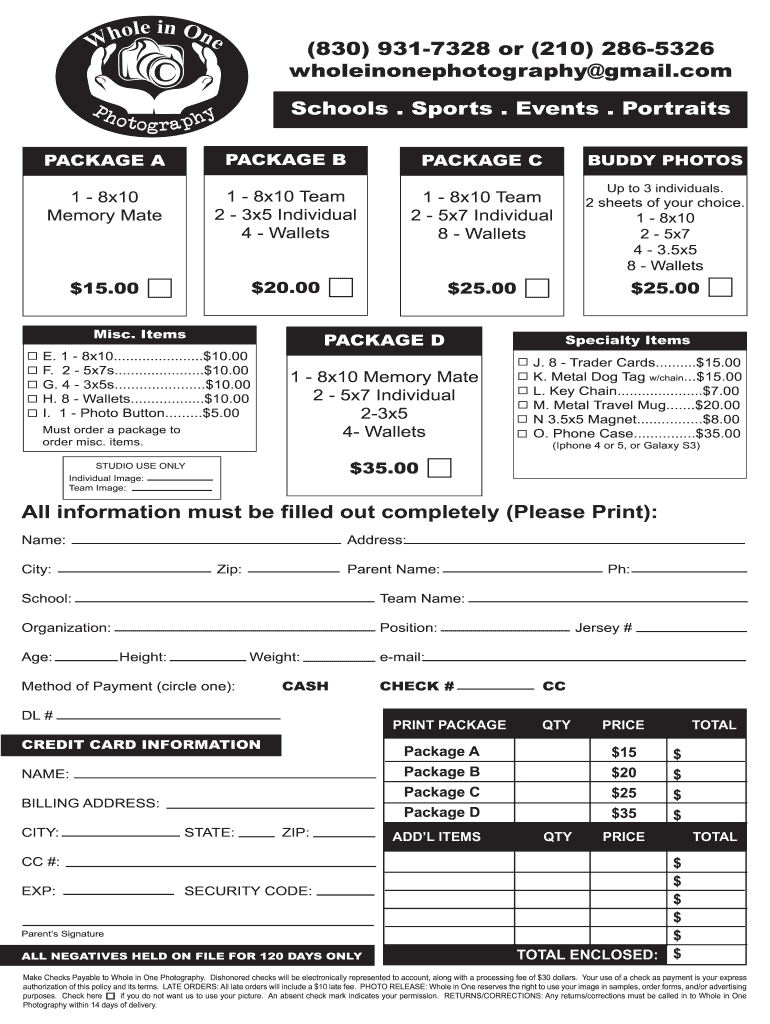 Whole in One Photography Order Form