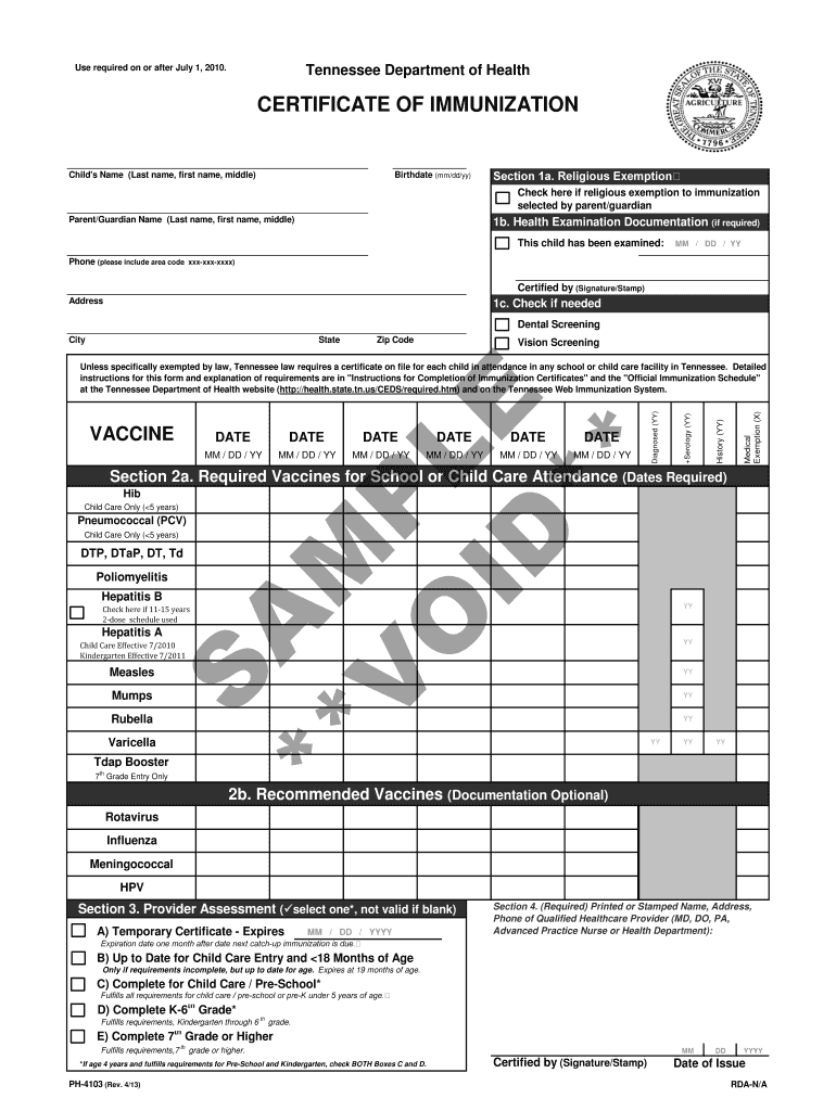 PDF Tennessee Certificate of Immunization Form