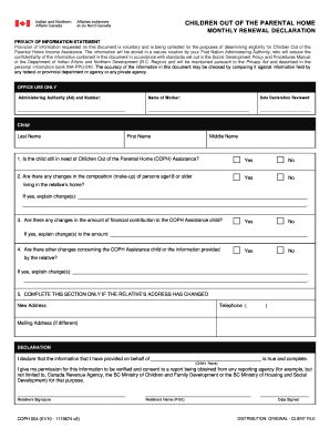 COPH Monthly Renewal Form First Nations Social Development Fnsds