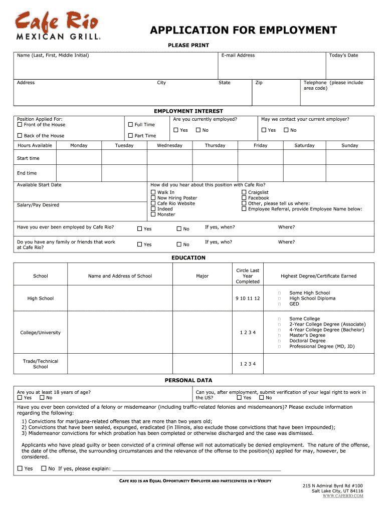 Cafe Rio Application Online  Form