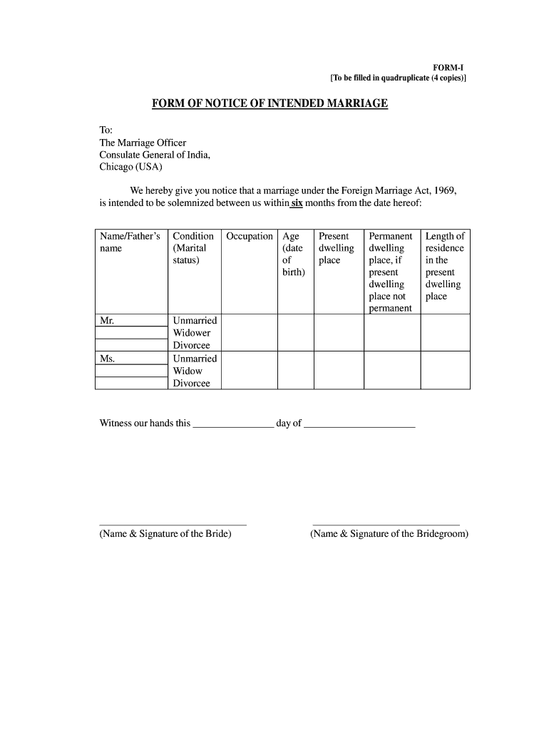 Notice of Intended Marriage India  Form