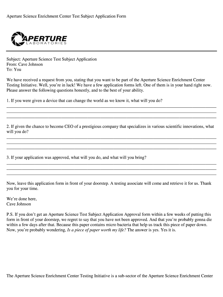 Aperture Science Test Subject Application  Form