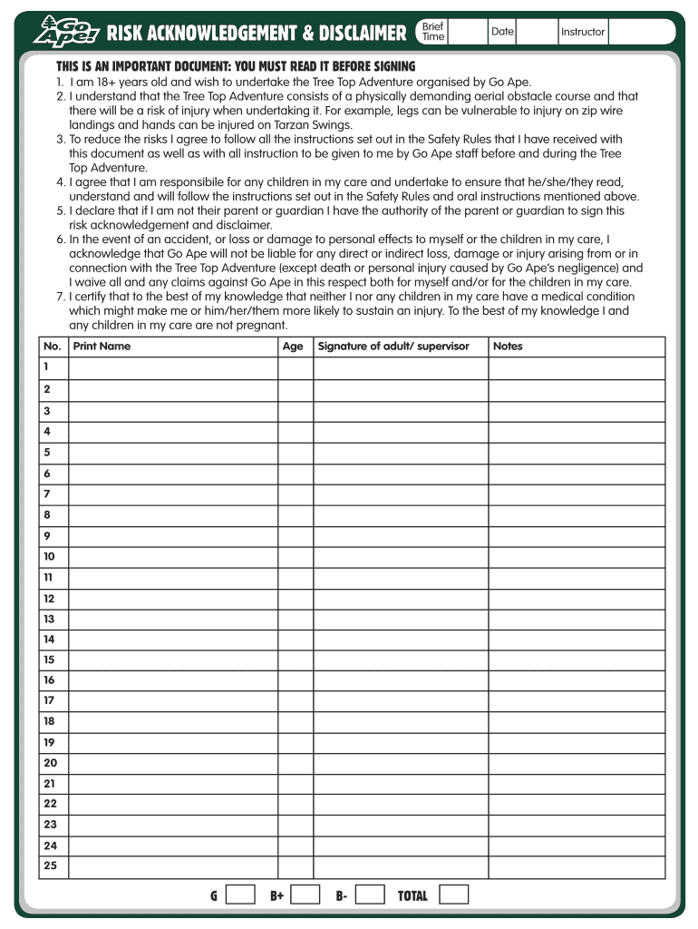 RISK ACKNOWLEDGEMENT & DISCLAIMER Brief Go Ape  Form