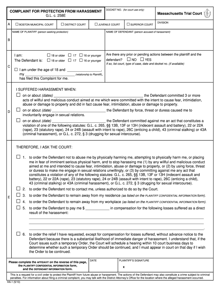 Massachusetts Protection Harassment  Form