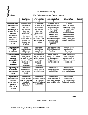 Project Based Learning Group Live Action Commercial Rubric BNameb Nanunet Lhric  Form