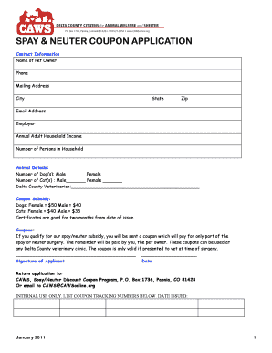 SPAY &amp; NEUTER COUPON APPLICATION CAWS Cawsonline  Form