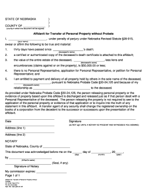 Affidavit for Transfer of Personal Property  Form