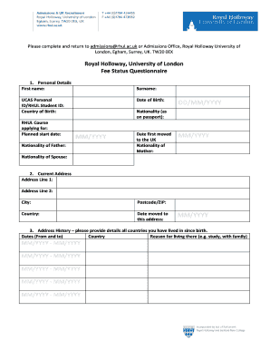 Fee Status Questionnaire Royal Holloway  Form