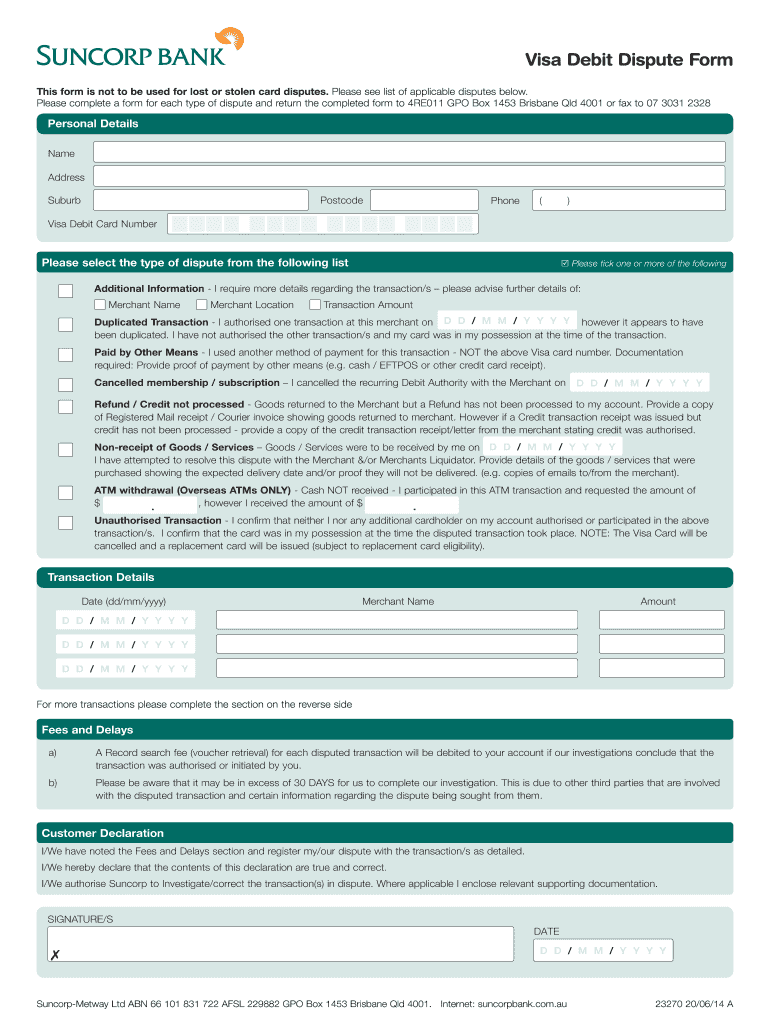  Visa Debit Dispute Form 2014-2024