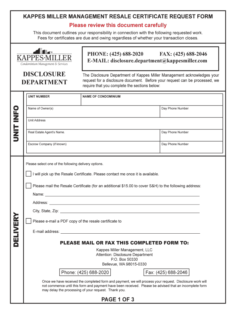 Kappes Miller Resale Certificate  Form