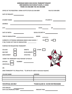 Wiregrass Ranch High School Transcript Request  Form