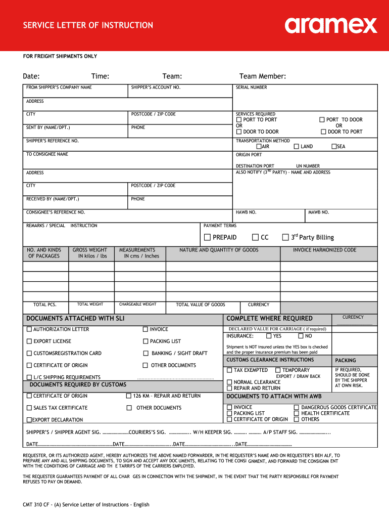 Aramex Letter of Service  Form