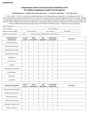 Cold Spring School Student Evaluation Form