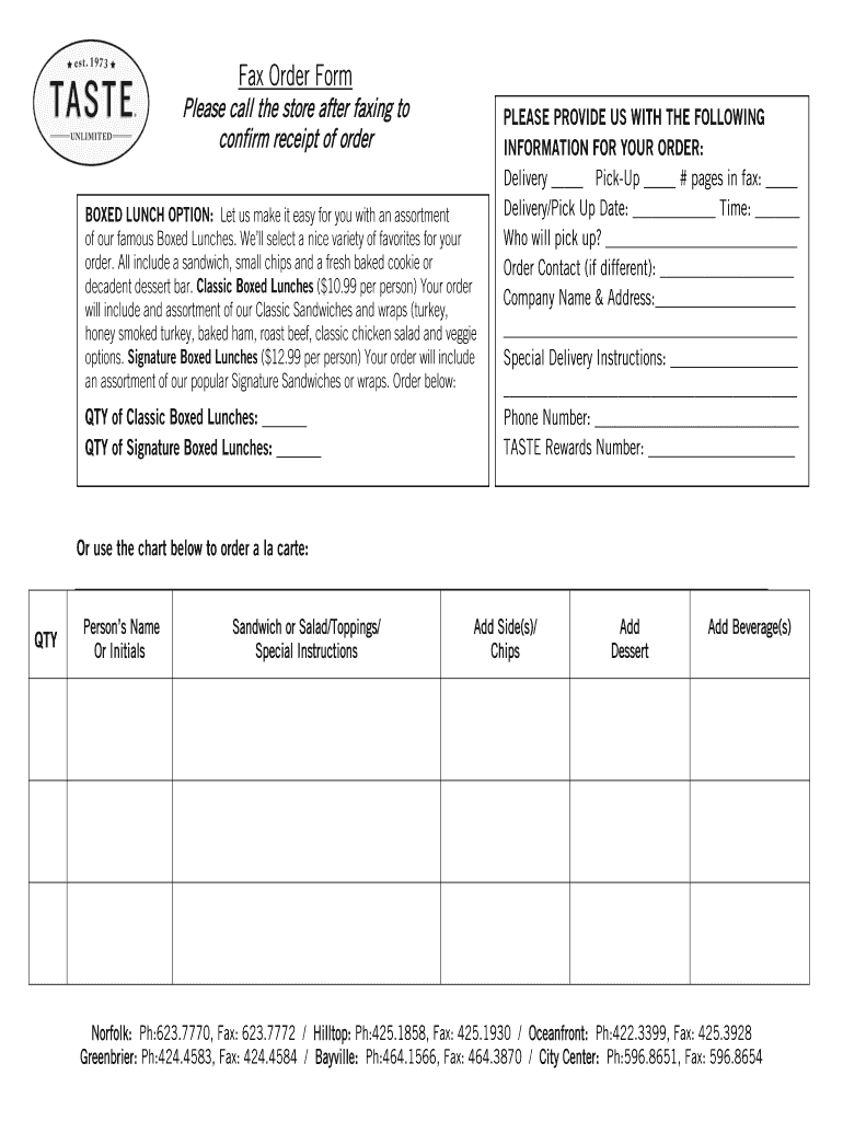 Taste Unlimited Fax Order Form