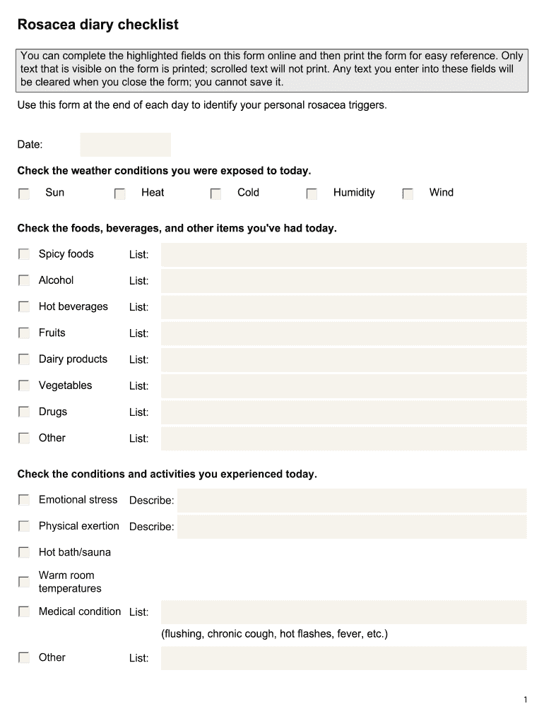 Rosacea Diary Checklist  Form