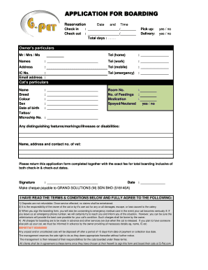 G Pet Cat Boarding Application Form