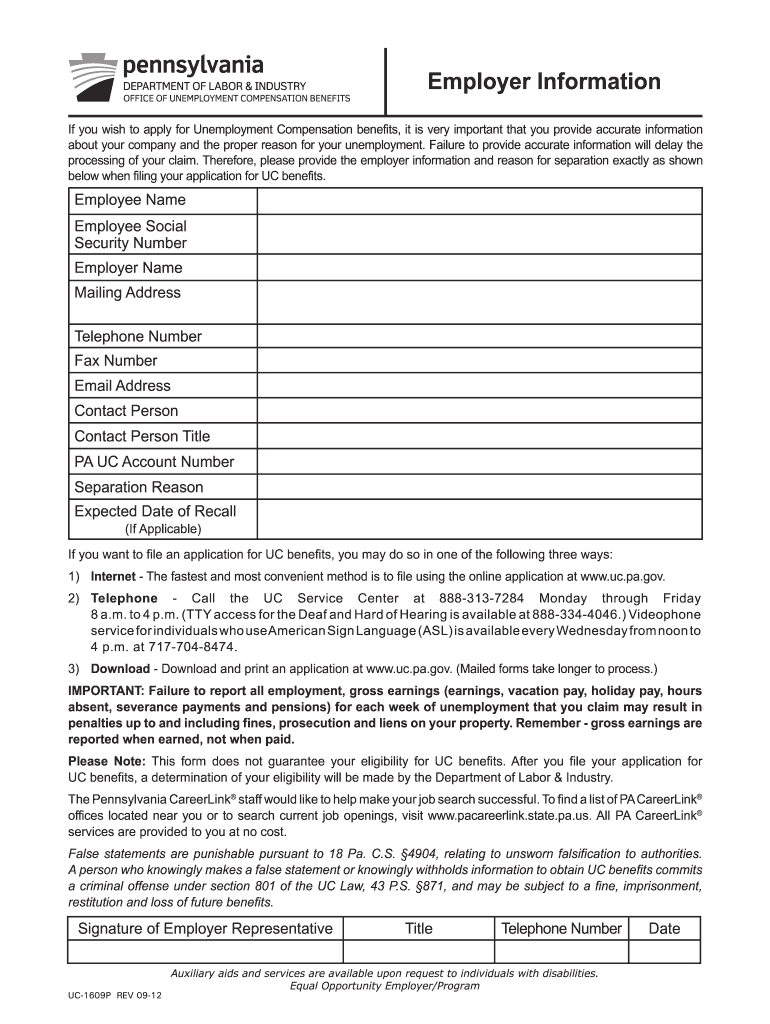 Employer Information Form UC 1609P Pennsylvania Boroughs