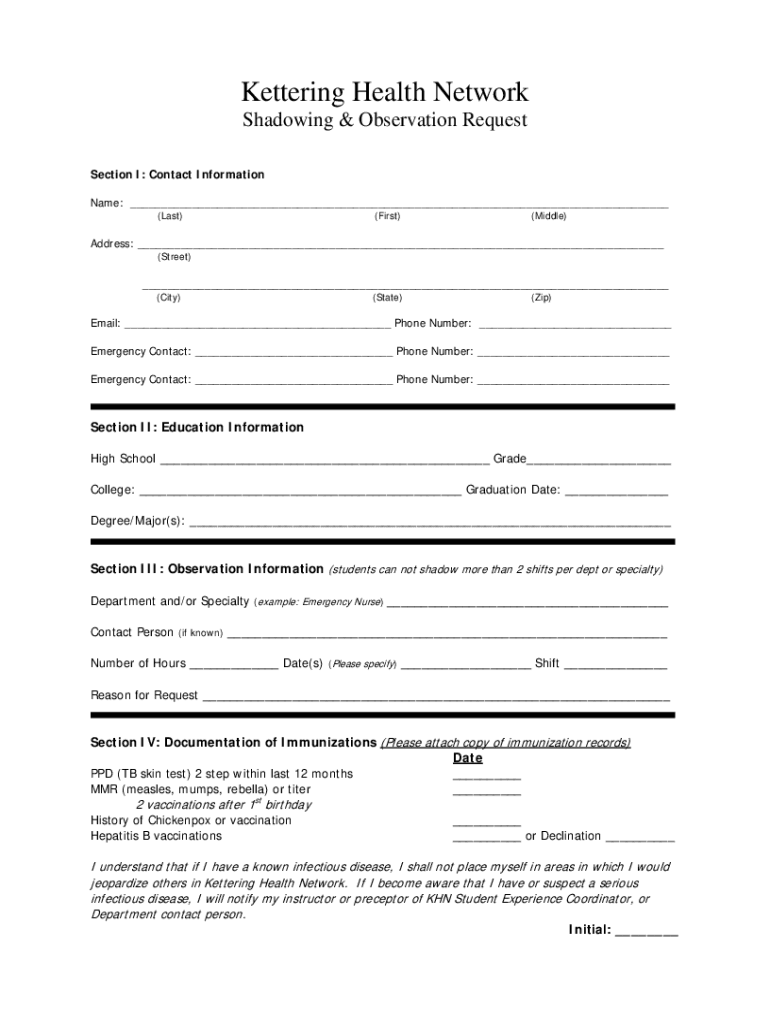 Job Shadowing Application for Business  Form